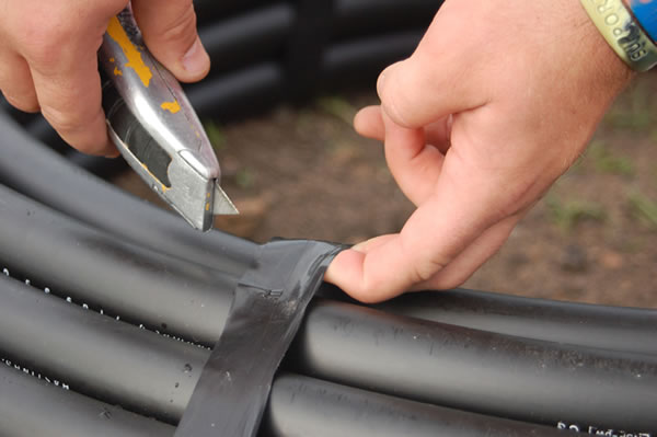 Travis, an economics major, begins unrolling a spool of plastic irrigation line